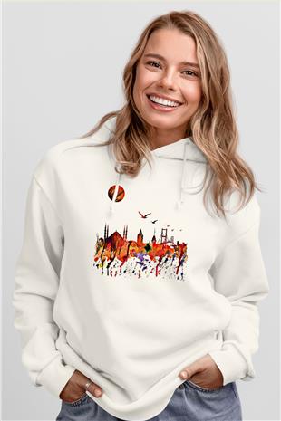 Galata Kulesi Baskılı Beyaz Unisex Hoodie
