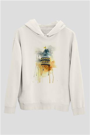 Galata Kulesi Baskılı Beyaz Unisex Hoodie