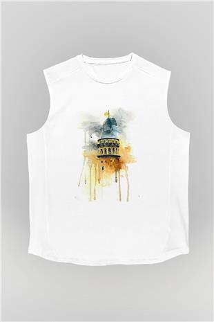 Galata Kulesi Baskılı Beyaz Unisex Kolsuz Tişört - Tshirt