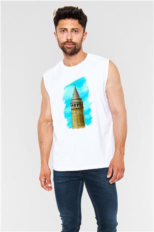 Galata Kulesi Baskılı Beyaz Unisex Kolsuz Tişört - Tshirt