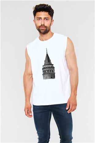 Galata Kulesi Baskılı Beyaz Unisex Kolsuz Tişört - Tshirt