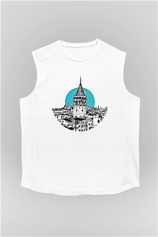 Galata Kulesi Baskılı Beyaz Unisex Kolsuz Tişört - Tshirt