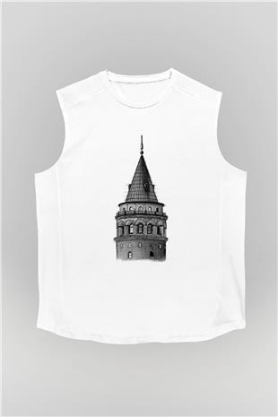 Galata Kulesi Baskılı Beyaz Unisex Kolsuz Tişört - Tshirt