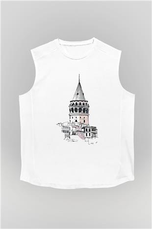 Galata Kulesi Baskılı Beyaz Unisex Kolsuz Tişört - Tshirt