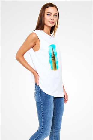 Galata Kulesi Baskılı Beyaz Unisex Kolsuz Tişört - Tshirt