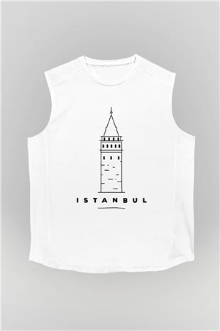 Galata Kulesi Baskılı Beyaz Unisex Kolsuz Tişört - Tshirt