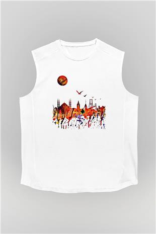 Galata Kulesi Baskılı Beyaz Unisex Kolsuz Tişört - Tshirt