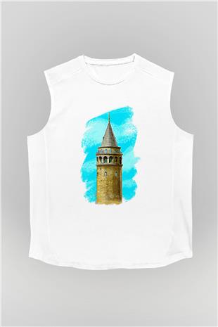 Galata Kulesi Baskılı Beyaz Unisex Kolsuz Tişört - Tshirt