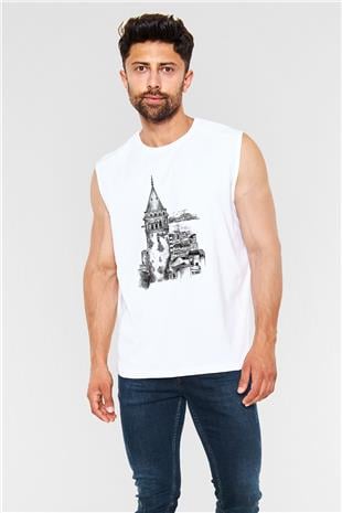 Galata Kulesi Baskılı Beyaz Unisex Kolsuz Tişört - Tshirt