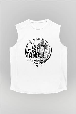 Galata Kulesi Baskılı Beyaz Unisex Kolsuz Tişört - Tshirt