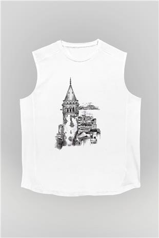 Galata Kulesi Baskılı Beyaz Unisex Kolsuz Tişört - Tshirt