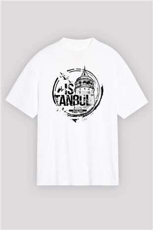 Galata Kulesi Baskılı Beyaz Unisex Oversize Tişört - Tshirt