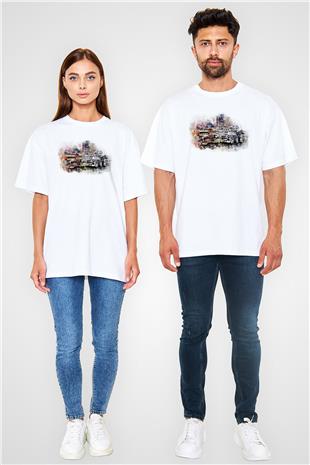 Galata Kulesi Baskılı Beyaz Unisex Oversize Tişört - Tshirt