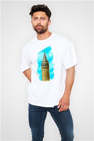 Galata Kulesi Baskılı Beyaz Unisex Oversize Tişört - Tshirt