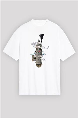 Galata Kulesi Baskılı Beyaz Unisex Oversize Tişört - Tshirt