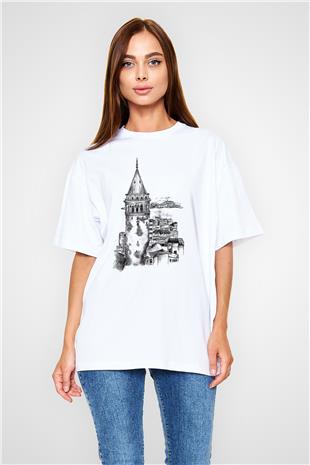 Galata Kulesi Baskılı Beyaz Unisex Oversize Tişört - Tshirt