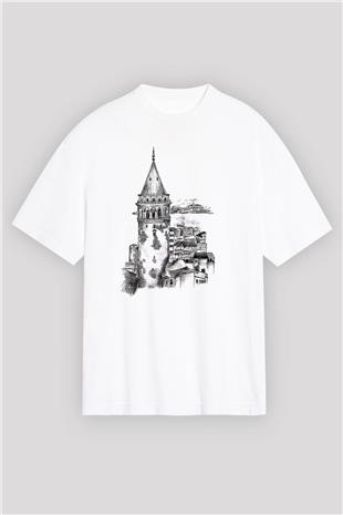 Galata Kulesi Baskılı Beyaz Unisex Oversize Tişört - Tshirt