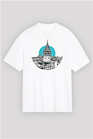 Galata Kulesi Baskılı Beyaz Unisex Oversize Tişört - Tshirt