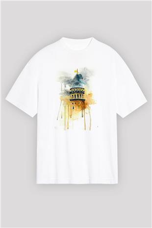 Galata Kulesi Baskılı Beyaz Unisex Oversize Tişört - Tshirt