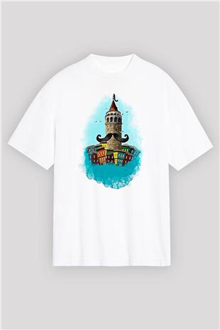 Galata Kulesi Baskılı Beyaz Unisex Oversize Tişört - Tshirt