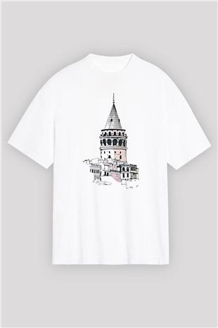 Galata Kulesi Baskılı Beyaz Unisex Oversize Tişört - Tshirt