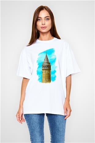 Galata Kulesi Baskılı Beyaz Unisex Oversize Tişört - Tshirt