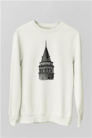 Galata Kulesi Baskılı Beyaz Unisex Sweatshirt