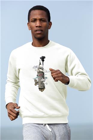 Galata Kulesi Baskılı Beyaz Unisex Sweatshirt