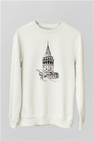 Galata Kulesi Baskılı Beyaz Unisex Sweatshirt