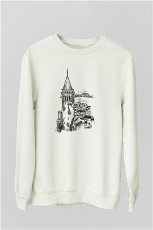 Galata Kulesi Baskılı Beyaz Unisex Sweatshirt