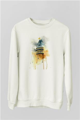 Galata Kulesi Baskılı Beyaz Unisex Sweatshirt