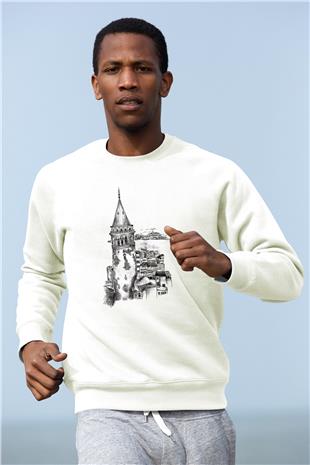 Galata Kulesi Baskılı Beyaz Unisex Sweatshirt
