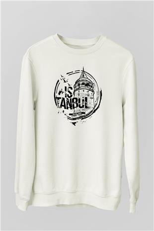 Galata Kulesi Baskılı Beyaz Unisex Sweatshirt