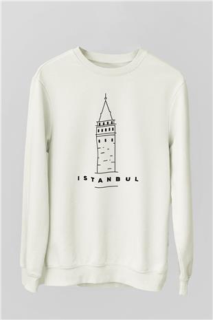 Galata Kulesi Baskılı Beyaz Unisex Sweatshirt