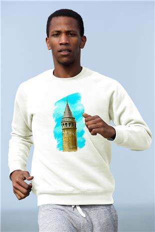 Galata Kulesi Baskılı Beyaz Unisex Sweatshirt