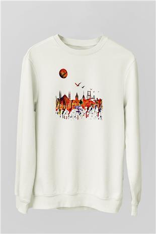 Galata Kulesi Baskılı Beyaz Unisex Sweatshirt