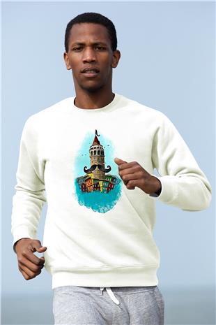 Galata Kulesi Baskılı Beyaz Unisex Sweatshirt