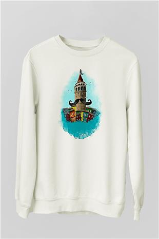 Galata Kulesi Baskılı Beyaz Unisex Sweatshirt