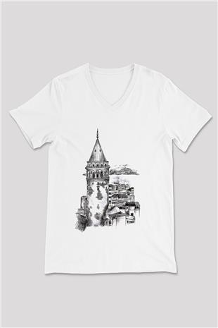 Galata Kulesi Baskılı Beyaz Unisex V Yaka Tişört - Tshirt