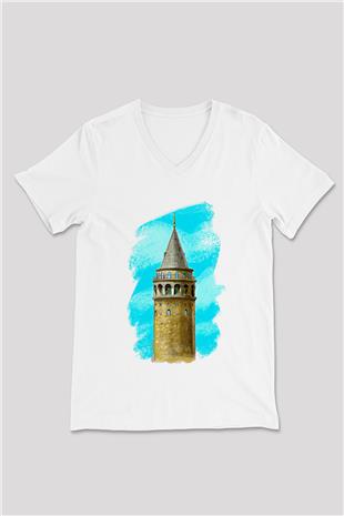Galata Kulesi Baskılı Beyaz Unisex V Yaka Tişört - Tshirt