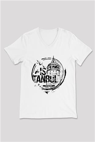 Galata Kulesi Baskılı Beyaz Unisex V Yaka Tişört - Tshirt