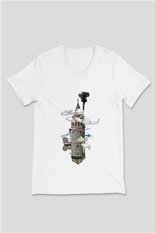 Galata Kulesi Baskılı Beyaz Unisex V Yaka Tişört - Tshirt