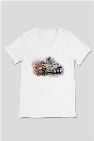 Galata Kulesi Baskılı Beyaz Unisex V Yaka Tişört - Tshirt