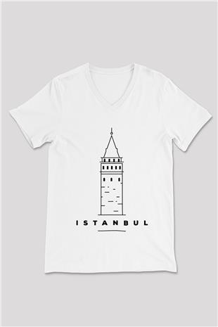 Galata Kulesi Baskılı Beyaz Unisex V Yaka Tişört - Tshirt