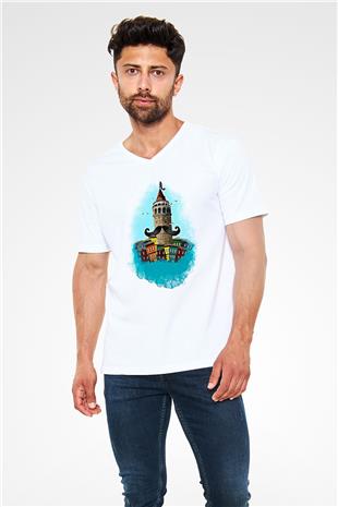 Galata Kulesi Baskılı Beyaz Unisex V Yaka Tişört - Tshirt