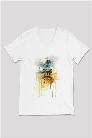 Galata Kulesi Baskılı Beyaz Unisex V Yaka Tişört - Tshirt