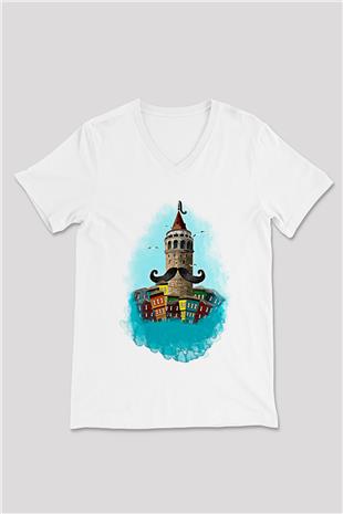Galata Kulesi Baskılı Beyaz Unisex V Yaka Tişört - Tshirt