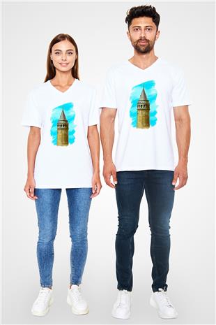 Galata Kulesi Baskılı Beyaz Unisex V Yaka Tişört - Tshirt