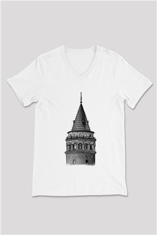 Galata Kulesi Baskılı Beyaz Unisex V Yaka Tişört - Tshirt