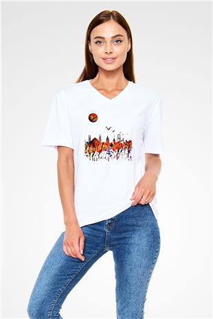 Galata Kulesi Baskılı Beyaz Unisex V Yaka Tişört - Tshirt